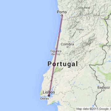 Mapa da viagem de trem de Lisboa ao Porto