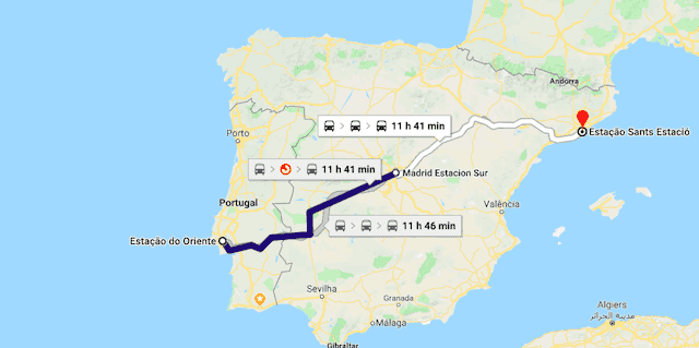 Mapa do trajeto de Lisboa a Barcelona em trem