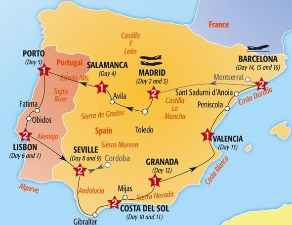 Mapa roteiro Portugal e Espanha de carro