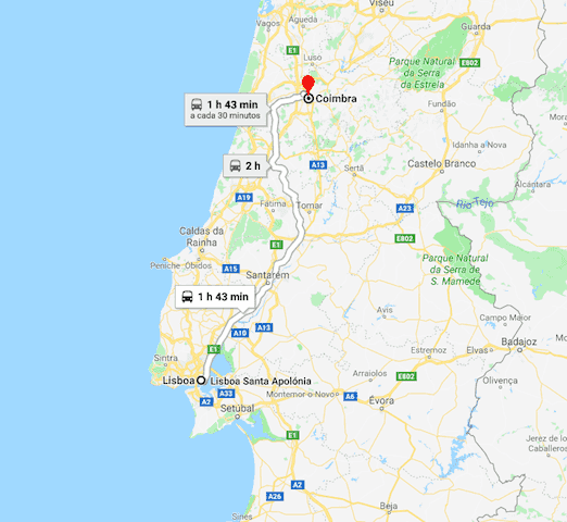 Mapa da viagem de Lisboa a Coimbra
