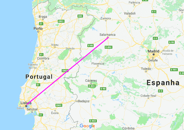 Mapa da viagem de trem de Lisboa a Salamanca