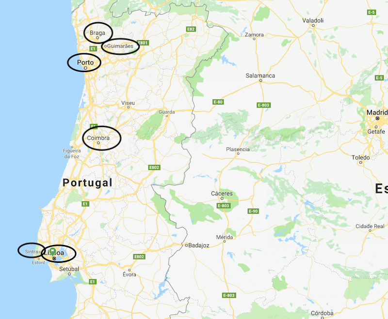 Roteiro de sete dias em Portugal - mapa das cidades