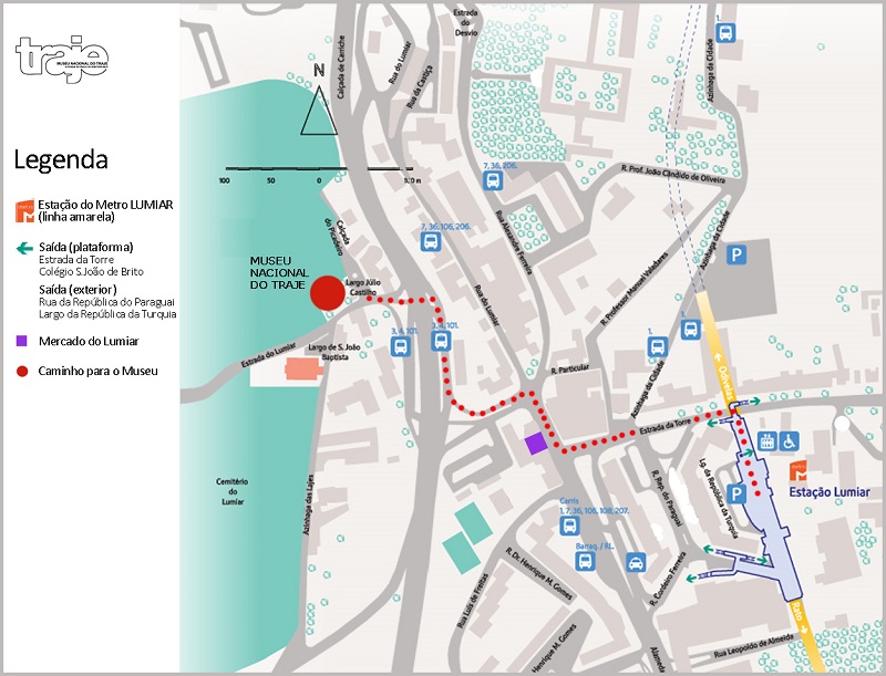 Mapa mostrando como ir da Estação Lumiar até o Museu do Traje