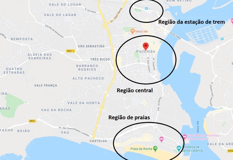 Mapa das regiões de Portimão