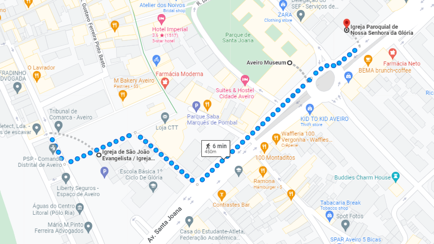 Mapa do roteiro matutino por Aveiro